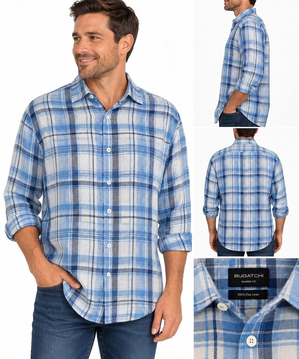 Bugatchi Men’s XL 100% Linen Blue Plaid Shaped Fit Button Down Shirt